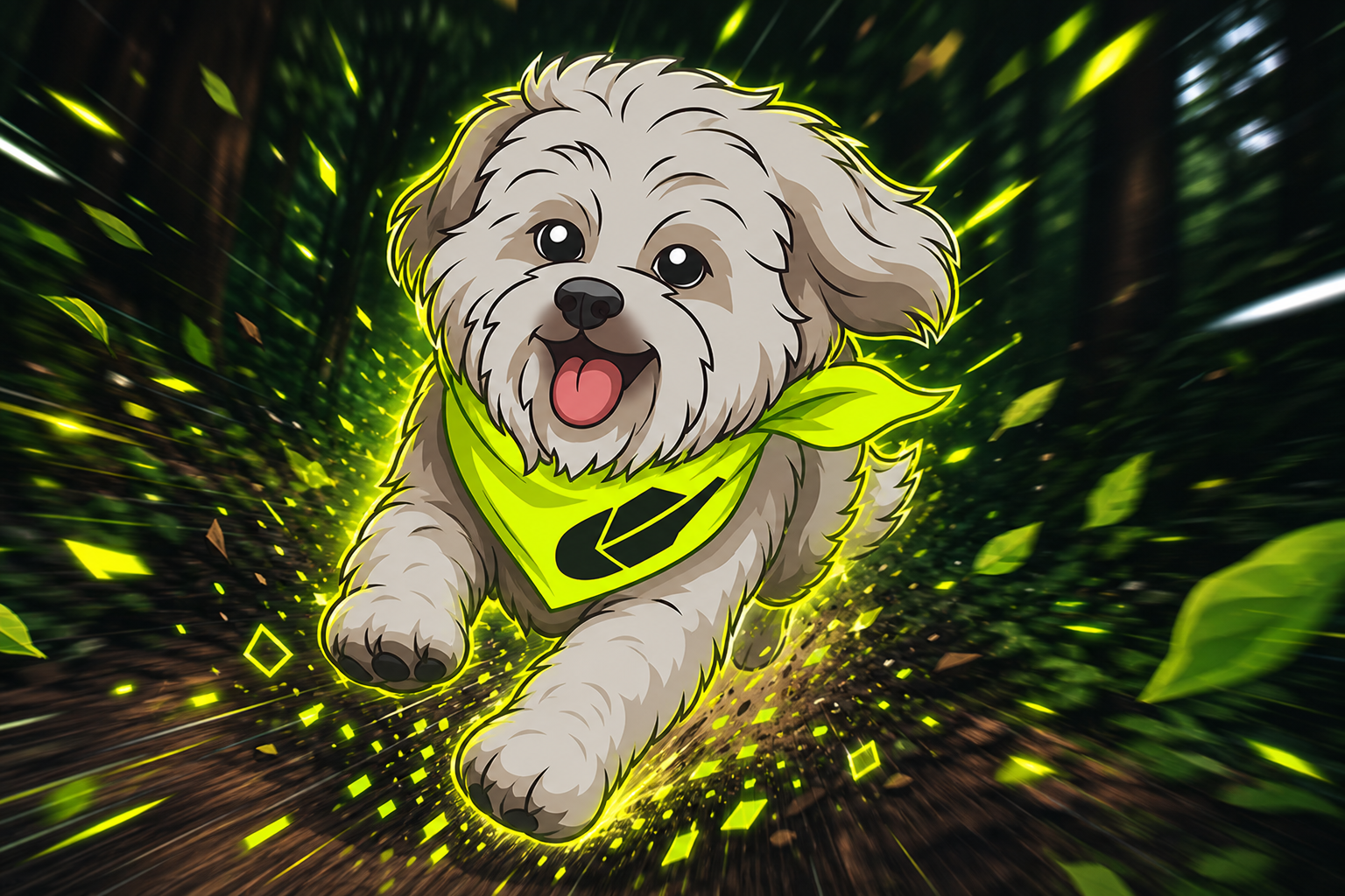 Brodie sprinting through a neon forest